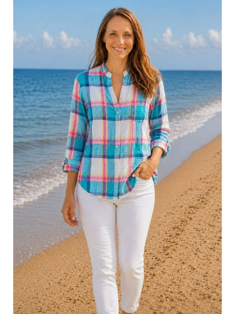 Vintage America Blues Plaid Cotton Blend Button-Down Shirt Womens Medium Teal, R